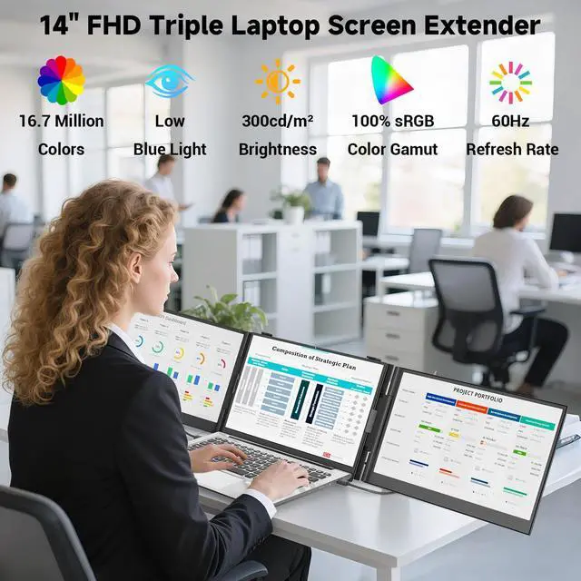 Alt view image 2 of 5 - 0.17" Ultra-Thin Triple Laptop Screen Extender, 14" 1080P FHD IPS 2.2 LB Ultra-Light Triple Monitor Extender for Laptops 13-17.3", USB-C HDMI Plug-Play for macOS Windows Chrome Home Office Work Travel