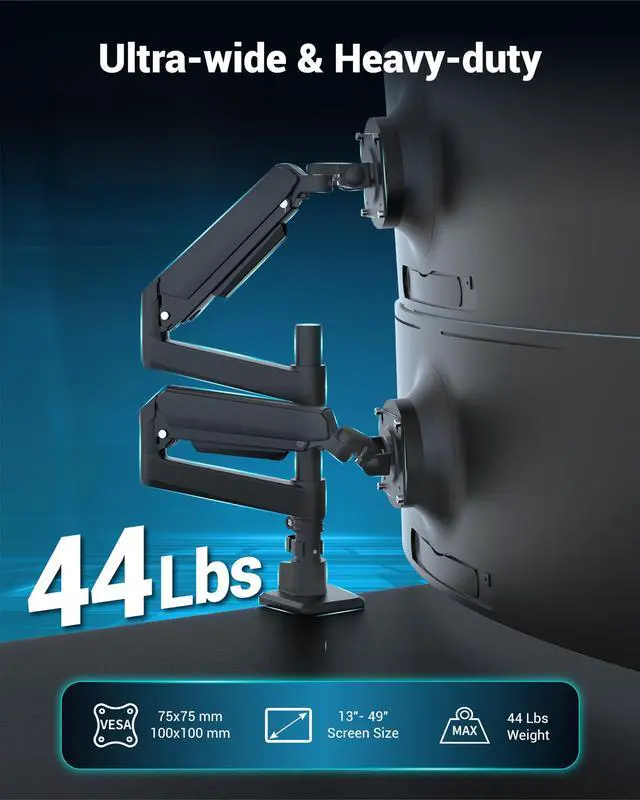 Alt view image 2 of 5 - Ergounion Dual Monitor Arm for 13-49 Inch Ultrawide Screens, Heavy Duty Monitor Mount for 2 Monitors up to 44lbs, Full Motion Vertical Stacked Dual Monitor Arm Desk Mount, 75/100mm VESA Mount, Black