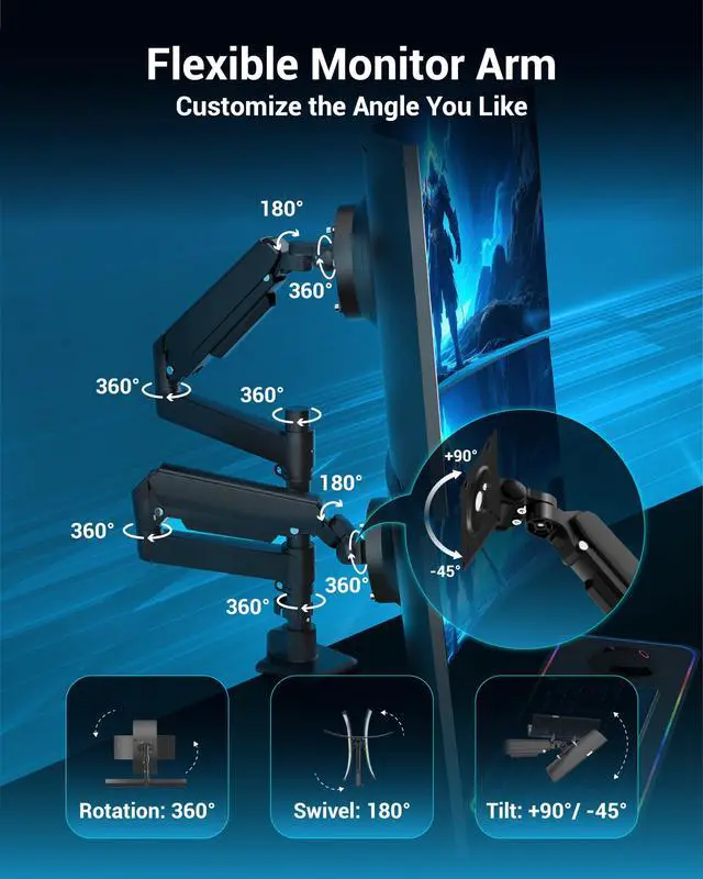 Alt view image 4 of 5 - Ergounion Dual Monitor Arm for 13-49 Inch Ultrawide Screens, Heavy Duty Monitor Mount for 2 Monitors up to 44lbs, Full Motion Vertical Stacked Dual Monitor Arm Desk Mount, 75/100mm VESA Mount, Black