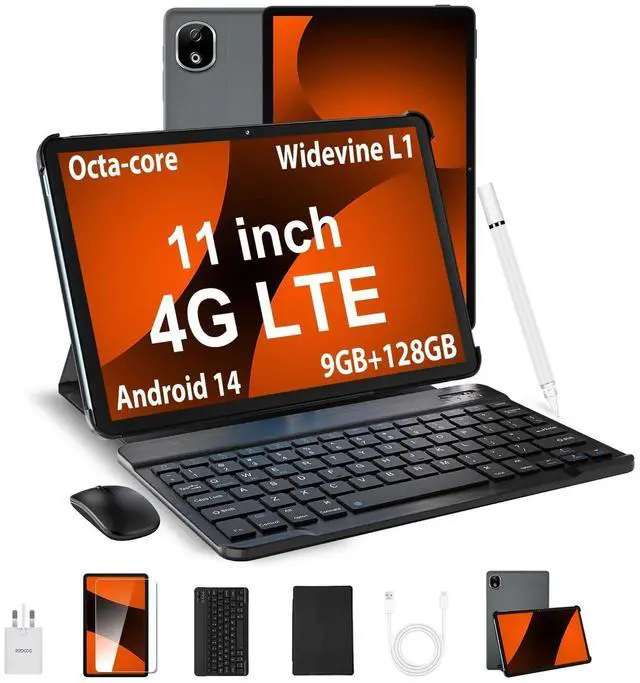 Main image of DOOGEE 11 Inch Tablet with Keyboard,4G Dual Sim Slot Tablets, T30E Tablet with Android 14, 9GB RAM 128GB ROM/1TB TF, 8000mAh, Cellular Tablets with BT5.0, Pen, Keyboard, Mouse & Case