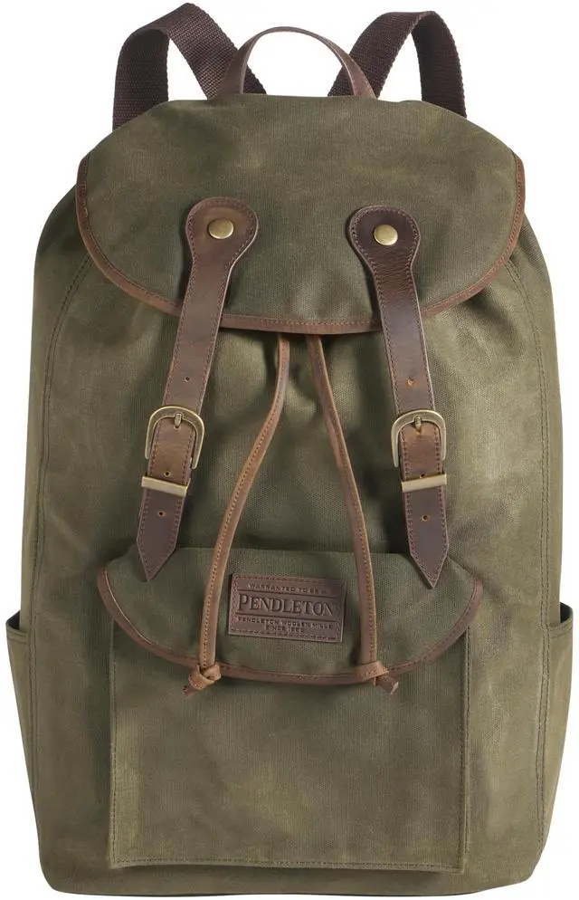Main image of Pendleton Odyssey Collection Canvas Backpack, Olive Green with Leather Trim, 14.5x20x6 Inch, Laptop Sleeve, Quilted Back Panel