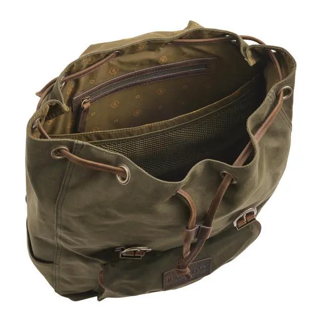 Alt view image 3 of 3 - Pendleton Odyssey Collection Canvas Backpack, Olive Green with Leather Trim, 14.5x20x6 Inch, Laptop Sleeve, Quilted Back Panel