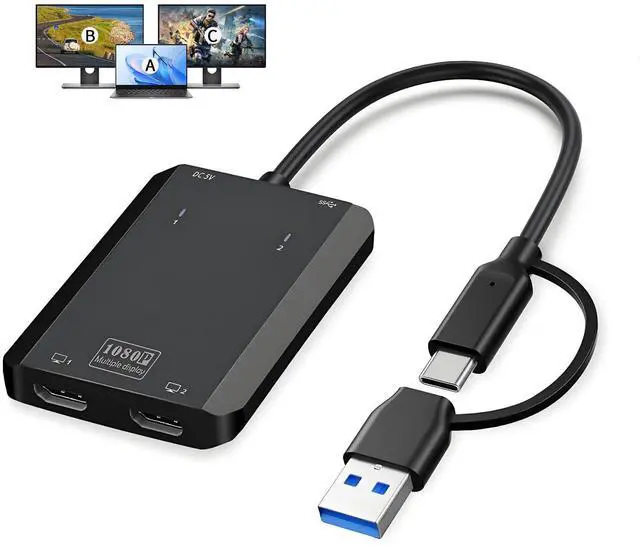 Main image of DERSUR USB 3.0 to Dual HD Adapter, Type C to HD Splitter for 2 Monitors, Double 1080P@60Hz Universal Multiple Screen Connector, Extended Display Adapter for MacOS 10.15/Windows 11/10/8.1/8/7