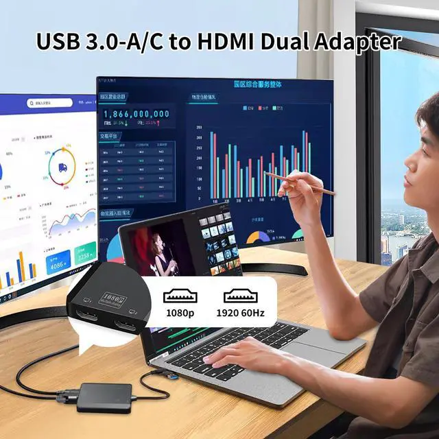 Alt view image 2 of 5 - DERSUR USB 3.0 to Dual HD Adapter, Type C to HD Splitter for 2 Monitors, Double 1080P@60Hz Universal Multiple Screen Connector, Extended Display Adapter for MacOS 10.15/Windows 11/10/8.1/8/7