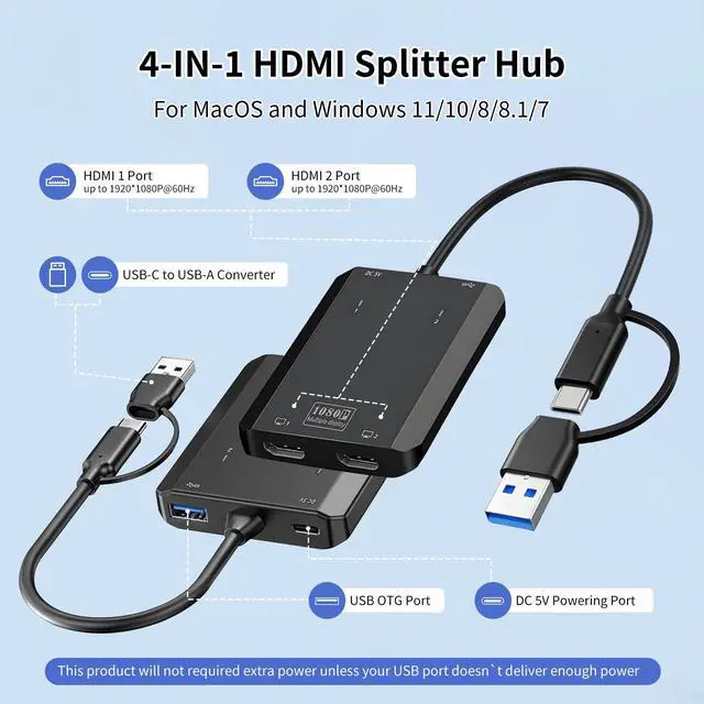 Alt view image 3 of 5 - DERSUR USB 3.0 to Dual HD Adapter, Type C to HD Splitter for 2 Monitors, Double 1080P@60Hz Universal Multiple Screen Connector, Extended Display Adapter for MacOS 10.15/Windows 11/10/8.1/8/7