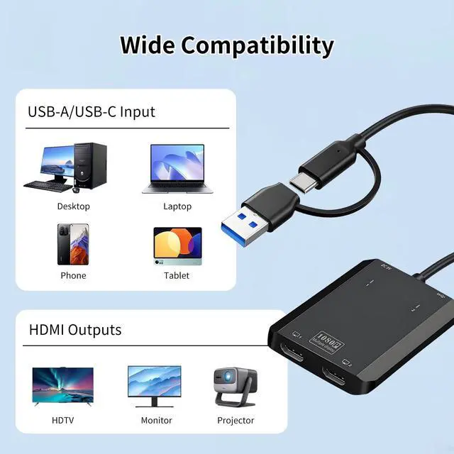Alt view image 5 of 5 - DERSUR USB 3.0 to Dual HD Adapter, Type C to HD Splitter for 2 Monitors, Double 1080P@60Hz Universal Multiple Screen Connector, Extended Display Adapter for MacOS 10.15/Windows 11/10/8.1/8/7