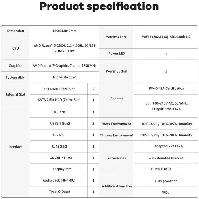 Alt view image 5 of 5 - Beelink SER5 Mini PC W11 Pro, AMD Ryzen 5 5500(6C/12T up to 4 GHz), 16GB DDR4 500GB NVME SSD Graphics 6 core, WiFi 6/BT5.2/Dual Display Mini PC Computer