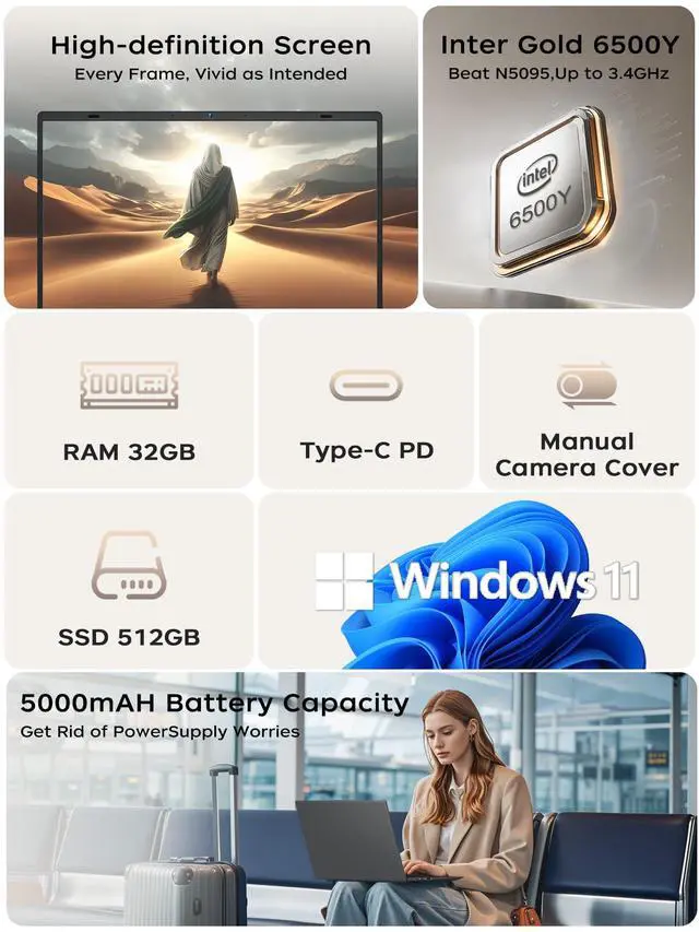 Alt view image 2 of 5 - BLUEING 15.6-Inch Laptop Computer, Gold 6500Y Processor (Up to 3.4GHz), 16GB RAM 512GB SSD, 1080P FHD IPS Display, Win11, Type-C, HDMI, USB3.2, BT5.2, WiFi 5, Laptops