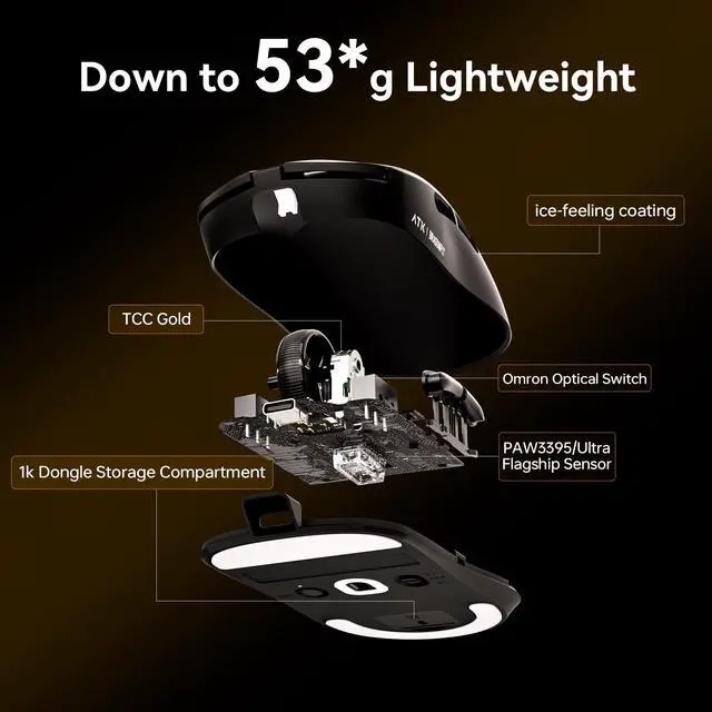Alt view image 3 of 5 - ATK Dragonfly A9 Series Wireless Gaming Mouse, Lightweight 5357 g, PAW3950 Ultra / PAW3395 Sensor, Up to 42000 DPI, 8K Polling, Ice-Feel Coating, Tri-Mode Connectivity (A9 Plus, Black)