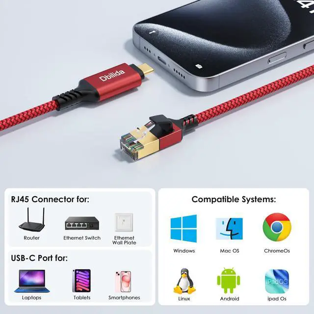 Alt view image 5 of 5 - USB C to Ethernet Cable 25 FT - 2 in 1, USB A/C to RJ45 Cable, 1Gbps Braided Ethernet to USB C Cable, Type C to RJ45 Ethernet for Thunderbolt 4/5, MacBook Pro/Air, iPhone 16/17, XPS, Galaxy S24
