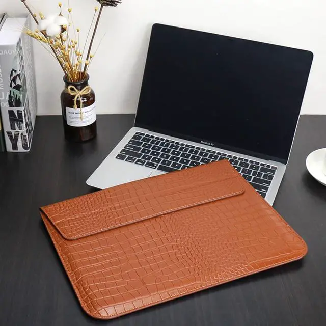 Alt view image 2 of 5 - LCMOCICO Laptop Sleeve with Stand, Crocodile Grain PU Leather Flap Bags for MacBook Air 15 inch M2 A2941 Notebook Bag for Mac Pro 16 M2/M1 A2780 A2485 A2141 2019-2023,Pro Retina 15 2012-2019, Brown