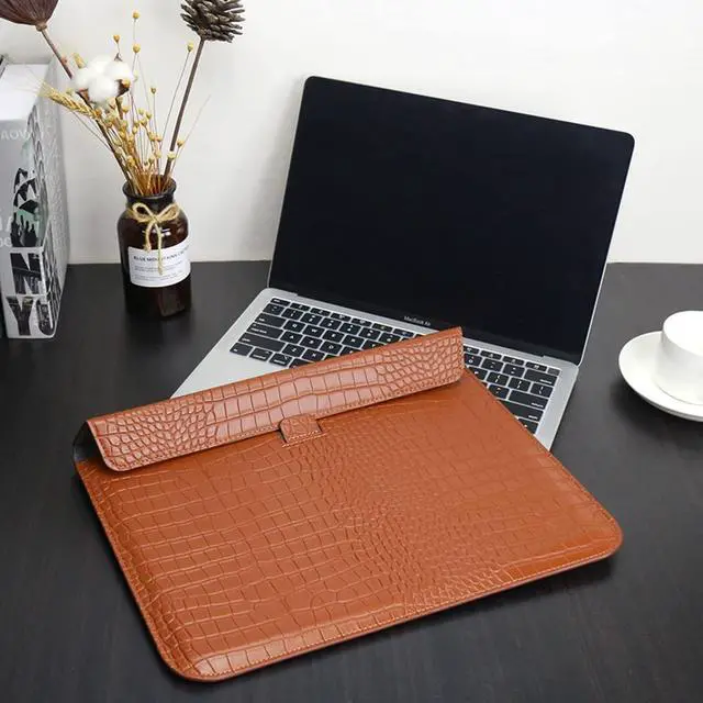 Alt view image 3 of 5 - LCMOCICO Laptop Sleeve with Stand, Crocodile Grain PU Leather Flap Bags for MacBook Air 15 inch M2 A2941 Notebook Bag for Mac Pro 16 M2/M1 A2780 A2485 A2141 2019-2023,Pro Retina 15 2012-2019, Brown