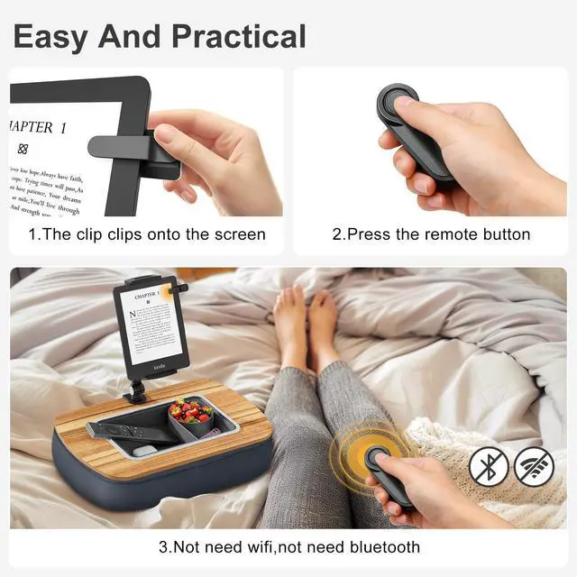 Alt view image 2 of 5 - ERGONOV Lap Beanbag Kindle Pillow Stand with Remote Page Turner,Adjustable iPad Holder with Snack Bowl,360° Rotating Clip for 4.7-13" Kindle,Phone,Tablet.Gray