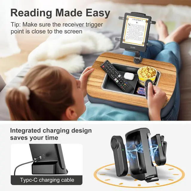 Alt view image 3 of 5 - ERGONOV Lap Beanbag Kindle Pillow Stand with Remote Page Turner,Adjustable iPad Holder with Snack Bowl,360° Rotating Clip for 4.7-13" Kindle,Phone,Tablet.Gray