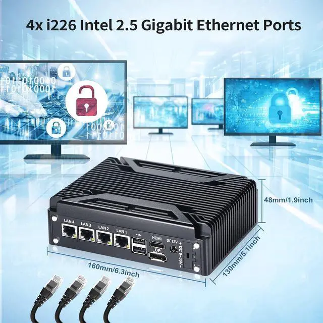 Alt view image 3 of 5 - Sharevdi Fanless Firewall Mini PC 4X 2.5GbE i226 Ethernet Gigabit LAN NIC Intel N100(up to 3.4GHz) Network Gateway Soft Router, 6*USB/HD/COM/VT-x/Apo/WOL/ 8GDDR4 128G M.2 SSD (Intel N100)