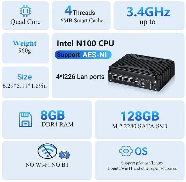 Alt view image 5 of 5 - Sharevdi Fanless Firewall Mini PC 4X 2.5GbE i226 Ethernet Gigabit LAN NIC Intel N100(up to 3.4GHz) Network Gateway Soft Router, 6*USB/HD/COM/VT-x/Apo/WOL/ 8GDDR4 128G M.2 SSD (Intel N100)