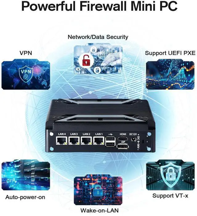 Alt view image 4 of 5 - Sharevdi Fanless Firewall Mini PC 4X 2.5GbE i226 Ethernet Gigabit LAN NIC Intel N100(up to 3.4GHz) Network Gateway Soft Router, 6*USB/HD/COM/VT-x/Apo/WOL/ 8GDDR4 128G M.2 SSD (Intel N100)