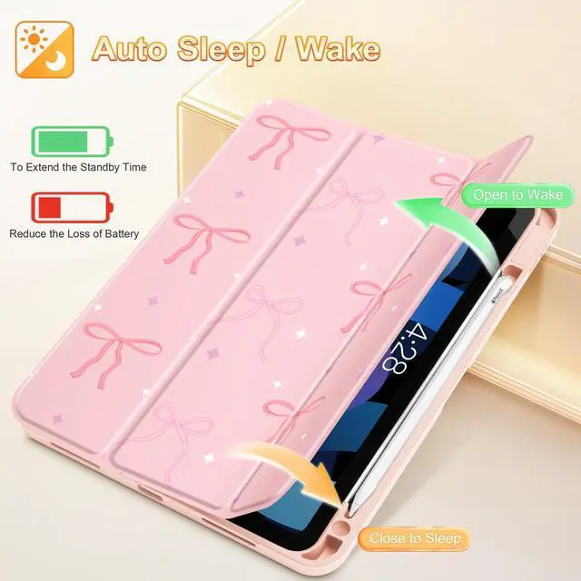 Alt view image 3 of 5 - Tuiklol Case for iPad Air 11 inch (M3 2025/M2 2024) 7th/6th Gen/iPad Air 10.9 inch 5th/4th Gen 2022 2020 with Pencil Holder,Slim Protective Auto Sleep/Wake Trifold Stand Cover, Pink Bows