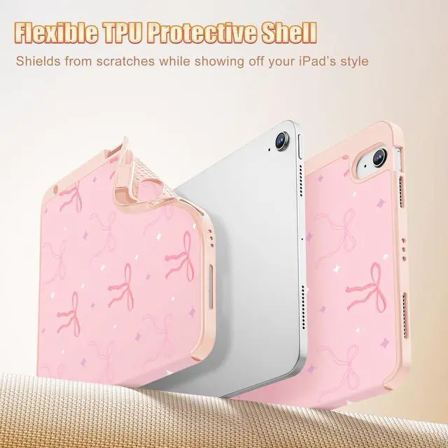 Alt view image 4 of 5 - Tuiklol Case for iPad Air 11 inch (M3 2025/M2 2024) 7th/6th Gen/iPad Air 10.9 inch 5th/4th Gen 2022 2020 with Pencil Holder,Slim Protective Auto Sleep/Wake Trifold Stand Cover, Pink Bows