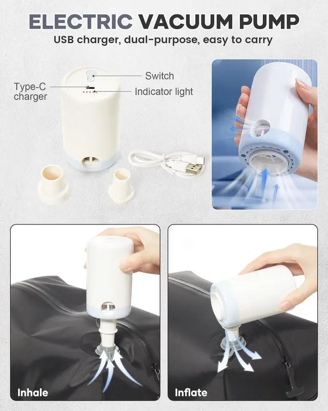 Alt view image 4 of 5 - Vacuum Travel Backpack with Pump for Women, Personal Item Carry on Backpacks Flight Approved 18x14x8 inches for Men,Laptop Waterproof Work Compression bags Casual Daypack. (GreyBlue)