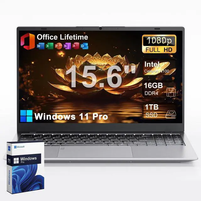 Main image of 2025 Laptop Computer 15 15.6 inch FHD 1080p Display, Windows 11 Pro with MS Office for Students & Business, 16GB RAM, 1TB SSD, Intel 4-Core N100 (Up to 3.4GHz), Backlit Keyboard, Type-C, Fingerprint