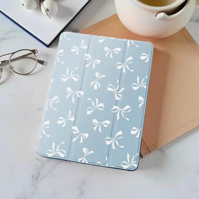 Alt view image 2 of 5 - Idocolors Lovely White Bow Pad Case for 10.2 Inch iPad 9th/7th/8th Generation, Clear TPU Stand Back Cover with Pencil Holder, Blue Auto Wake/Sleep Adjustable iPad 2021/2020/2019 Case