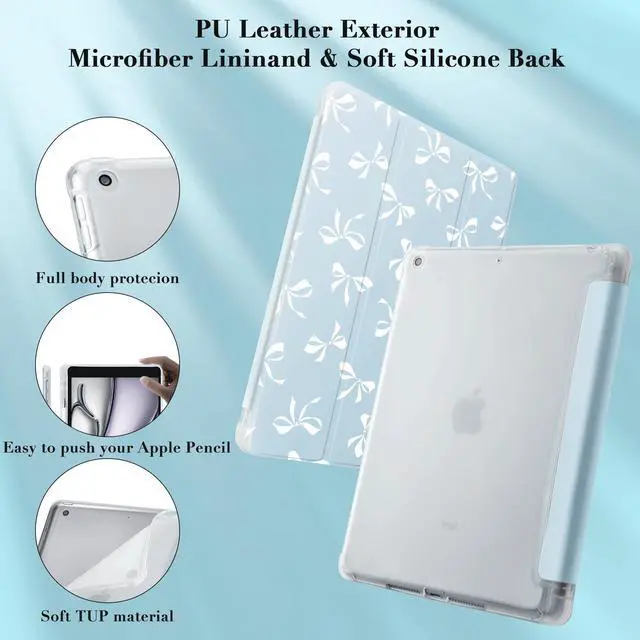 Alt view image 4 of 5 - Idocolors Lovely White Bow Pad Case for 10.2 Inch iPad 9th/7th/8th Generation, Clear TPU Stand Back Cover with Pencil Holder, Blue Auto Wake/Sleep Adjustable iPad 2021/2020/2019 Case