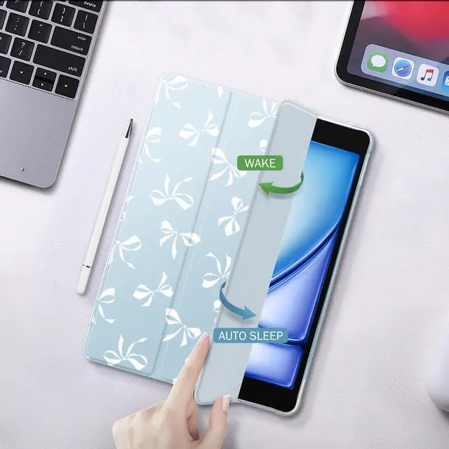 Alt view image 3 of 5 - Idocolors Lovely White Bow Pad Case for 10.2 Inch iPad 9th/7th/8th Generation, Clear TPU Stand Back Cover with Pencil Holder, Blue Auto Wake/Sleep Adjustable iPad 2021/2020/2019 Case