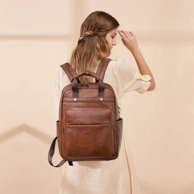 Alt view image 2 of 5 - CTTOVIS Leather Laptop Backpack for Women 15.6 Inch Work Travel Backpack Fashion College Business Computer Bag (Caramel)