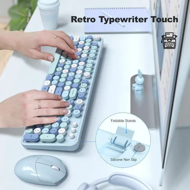 Alt view image 2 of 5 - SQMD Wireless Keyboard and Mouse Combo, 2.4GHz Retro Full-Size Typewriter Keyboard with Number Pad and Wireless Mouse for PC/Laptop/Desktop/Windows (Pale Blue)