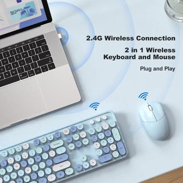 Alt view image 3 of 5 - SQMD Wireless Keyboard and Mouse Combo, 2.4GHz Retro Full-Size Typewriter Keyboard with Number Pad and Wireless Mouse for PC/Laptop/Desktop/Windows (Pale Blue)