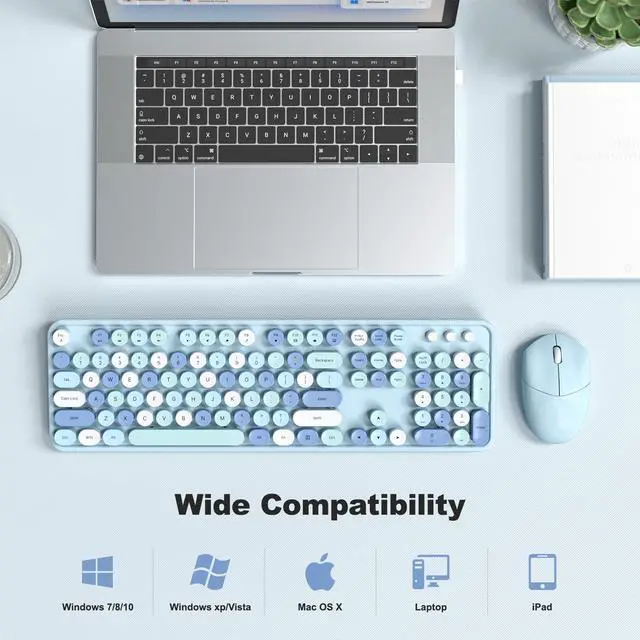 Alt view image 4 of 5 - SQMD Wireless Keyboard and Mouse Combo, 2.4GHz Retro Full-Size Typewriter Keyboard with Number Pad and Wireless Mouse for PC/Laptop/Desktop/Windows (Pale Blue)