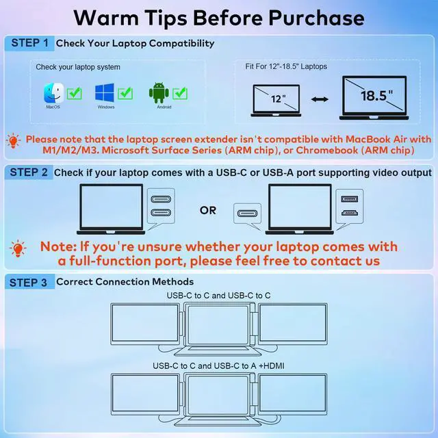 Alt view image 2 of 5 - Laptop Screen Extender, 15.6" FHD Laptop Monitor Extender, Triple Portable Monitor for 12"-18.5" Laptops, Plug & Play, 360° Rotation Screen, Compatible with MacOS/Wins/Switch/Surface