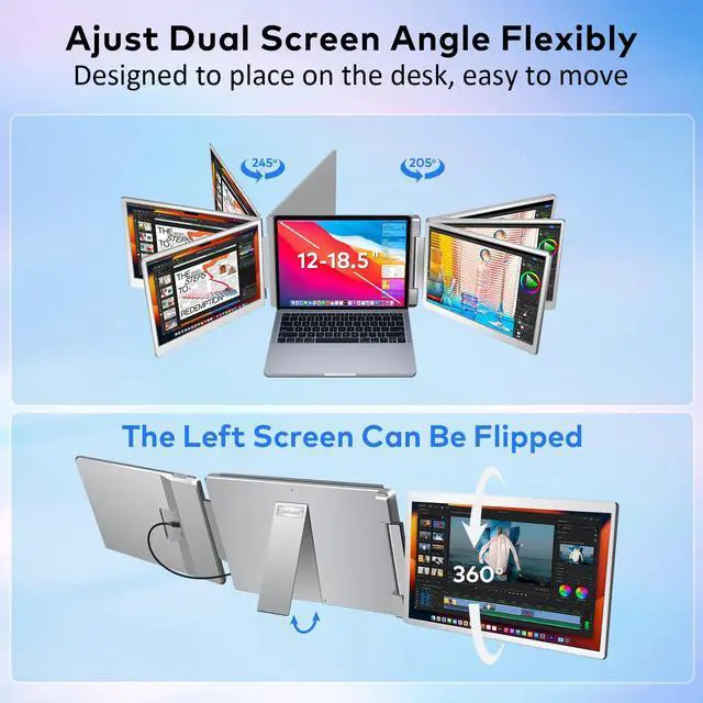 Alt view image 5 of 5 - Laptop Screen Extender, 15.6" FHD Laptop Monitor Extender, Triple Portable Monitor for 12"-18.5" Laptops, Plug & Play, 360° Rotation Screen, Compatible with MacOS/Wins/Switch/Surface