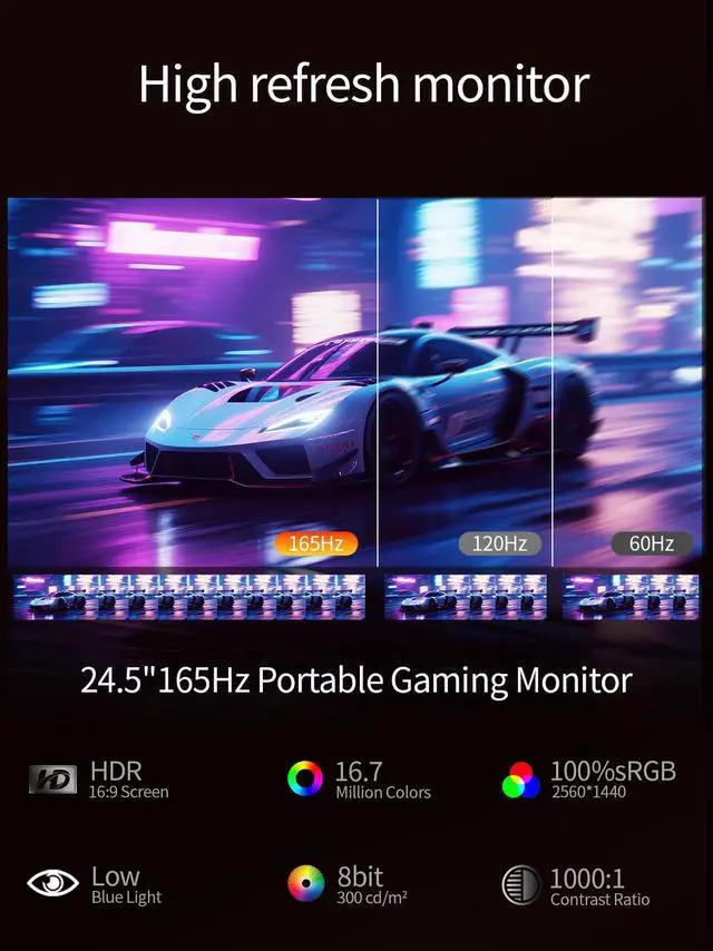 Alt view image 3 of 5 - sibolan 24.5" 2.5K Portable Monitor, 165Hz Gaming Monitor FreeSync Fast Response IPS Large Screen, Built-in 180° Adjustable Stand/VESA, USB-C Second Screen for Laptops, Phones, Game Consoles