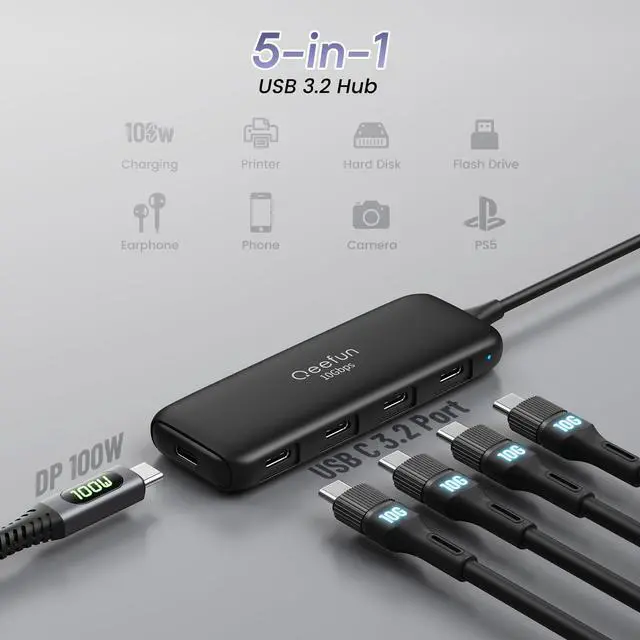 Alt view image 2 of 5 - Qeefun USB C Hub 10Gbps, 4 Ports USB-C 3.2 Data Splitter, USB 3.2 Gen 2 Adapter with 100W Power Charging Port, USBC Extender for iPad Pro, iPhone 15, MacBook Air/Pro M2 M1, PC, Laptops and More