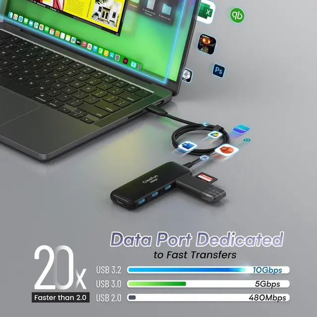 Alt view image 3 of 5 - Qeefun USB C Hub 10Gbps, 4 Ports USB-C 3.2 Data Splitter, USB 3.2 Gen 2 Adapter with 100W Power Charging Port, USBC Extender for iPad Pro, iPhone 15, MacBook Air/Pro M2 M1, PC, Laptops and More