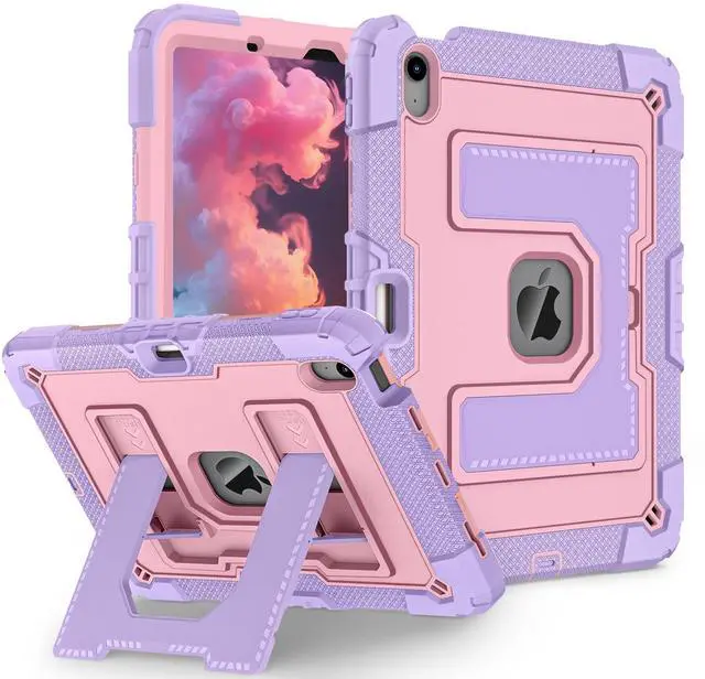 Main image of Kezigud for iPad Air 11-in M3(2025) / M2(2024), iPad Air (5th Gen)/ iPad Air (4th Gen) Case, Shockproof Heavy Duty Rugged Cover Pencil Holder&Kickstand Kids for iPad Air 4/5/6/7 (Purple+Rose Gold)