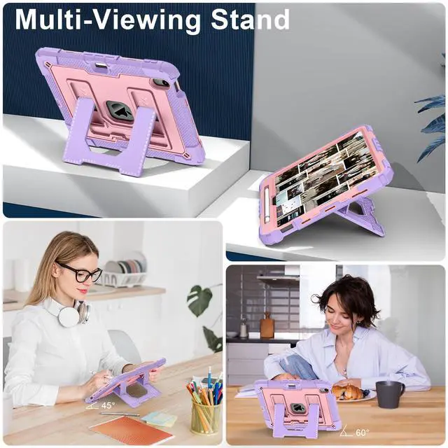 Alt view image 4 of 5 - Kezigud for iPad Air 11-in M3(2025) / M2(2024), iPad Air (5th Gen)/ iPad Air (4th Gen) Case, Shockproof Heavy Duty Rugged Cover Pencil Holder&Kickstand Kids for iPad Air 4/5/6/7 (Purple+Rose Gold)