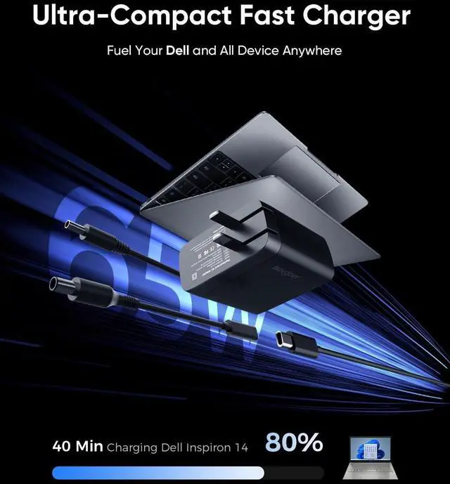 Alt view image 3 of 5 - 65W Dell Charger for Laptop, Dell Computer Charger USB-C for XPS, Inspiron, Latitude and Vostro Models, Power Cord 4.5 * 3.0 mm and 7.5 * 3.0 mm Compatible with Both 65W 45W (Foldable AC Plug)