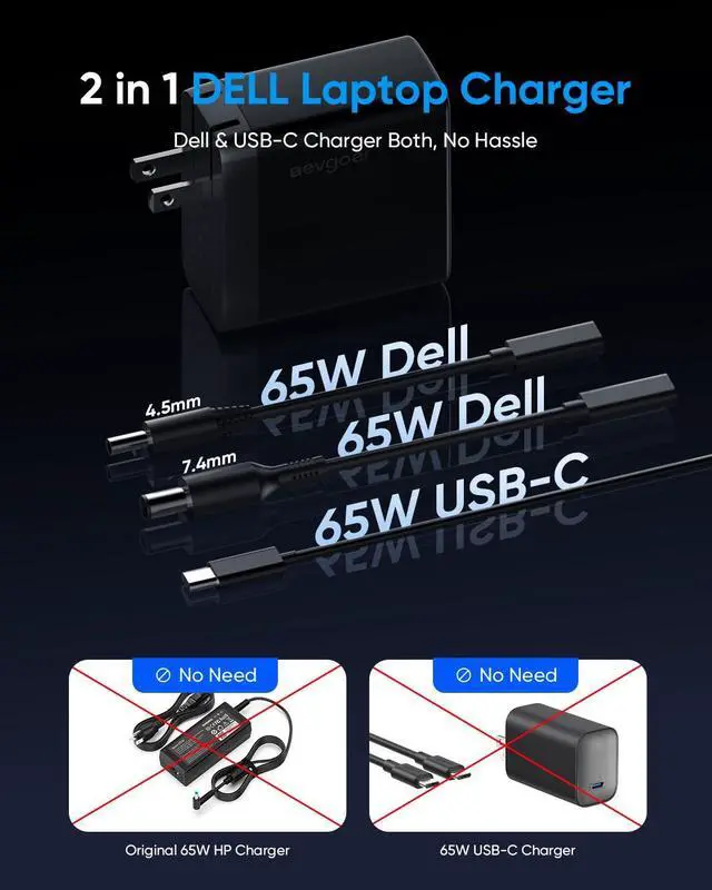 Alt view image 4 of 5 - 65W Dell Charger for Laptop, Dell Computer Charger USB-C for XPS, Inspiron, Latitude and Vostro Models, Power Cord 4.5 * 3.0 mm and 7.5 * 3.0 mm Compatible with Both 65W 45W (Foldable AC Plug)