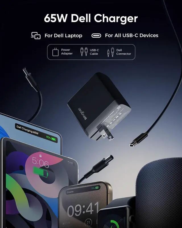 Alt view image 5 of 5 - 65W Dell Charger for Laptop, Dell Computer Charger USB-C for XPS, Inspiron, Latitude and Vostro Models, Power Cord 4.5 * 3.0 mm and 7.5 * 3.0 mm Compatible with Both 65W 45W (Foldable AC Plug)