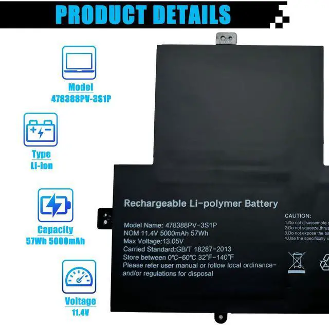 Alt view image 2 of 5 - AOMKA 478388PV-3S1P Laptop Battery Replacement for GWTN156-12 GWTN156-12BI GWTN156-12BK GWTN156-12BL GWTN156-12RD GWTN156-12GR Series U478388PV 11.4V 57Wh