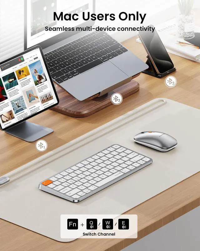 Alt view image 4 of 5 - ProtoArc Backlit Compact Bluetooth Keyboard and Mouse for Mac, KM90-A Multi-Device Wireless Keyboard Mouse for Mac, Quiet and Rechargeable, for MacBook Pro/Air, iPad - White Silver
