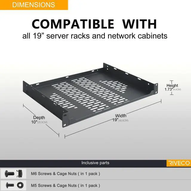 Alt view image 4 of 5 - RIVECO 2 PCS 10 Rack Shelves for 19 inches Network Rack & Cabinets, 1U Rack Mount Shelf Vented Cantilever Tray, for Server, IT & Sound Equipment
