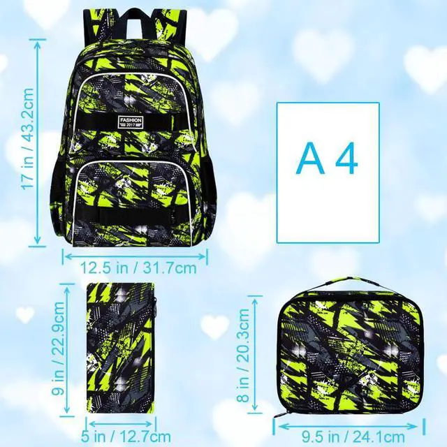 Alt view image 4 of 5 - 3Pcs Boys Backpack, 17 Inches School Bookbag with Lunch Box, Graffiti Laptop Backpacks Set for Teens College Students(Green)