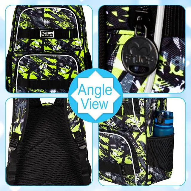 Alt view image 5 of 5 - 3Pcs Boys Backpack, 17 Inches School Bookbag with Lunch Box, Graffiti Laptop Backpacks Set for Teens College Students(Green)