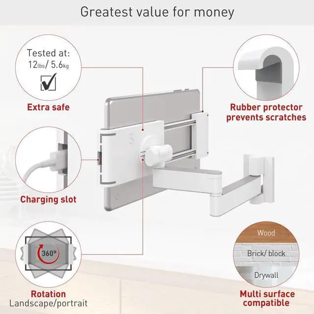 Alt view image 3 of 5 - Barkan 7-12 inch Full Motion - 4 Movement Tablet Mount for Wall & Cabinet 3 lbs White Firm Tablet Clamp 360 Degree Rotation