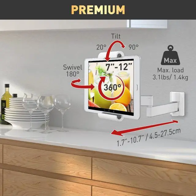 Alt view image 2 of 5 - Barkan 7-12 inch Full Motion - 4 Movement Tablet Mount for Wall & Cabinet 3 lbs White Firm Tablet Clamp 360 Degree Rotation