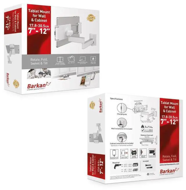 Alt view image 5 of 5 - Barkan 7-12 inch Full Motion - 4 Movement Tablet Mount for Wall & Cabinet 3 lbs White Firm Tablet Clamp 360 Degree Rotation